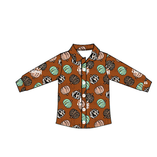 ( Moq 5 ) Baby Boy Brown Long Sleeves Leopard Pumpkin Button Shirt Tops