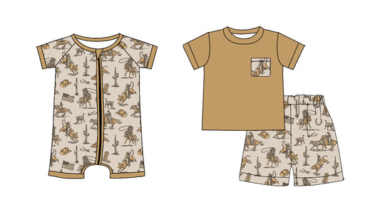 ( Moq 5 Each Style ) Sibling Baby Boys Kids Short Sleeves Cowboy Tops Shorts Set Zipper Romper