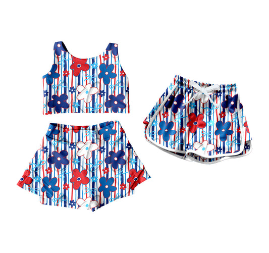 ( Moq 5 Each Style ) Baby Girl Sleeveless Flower 4th Of July Sibling Shorts Set 4.18