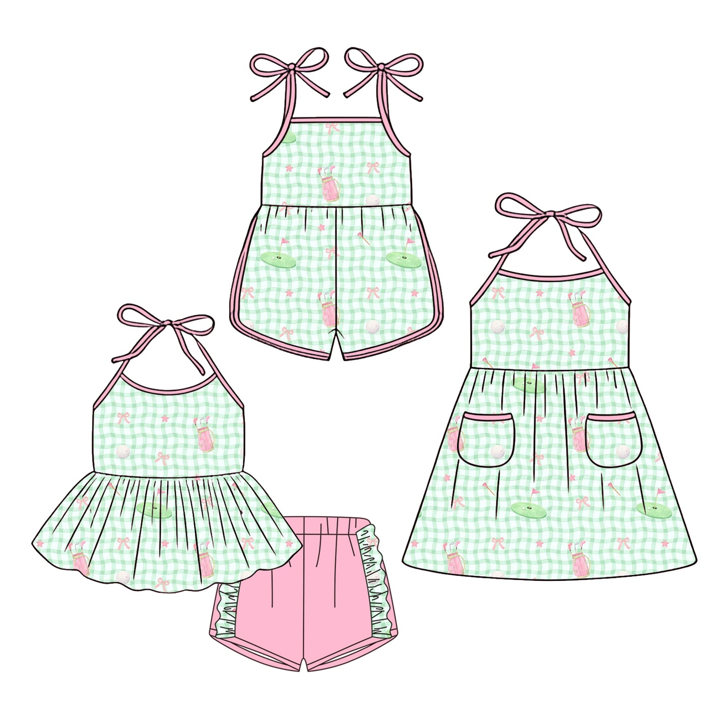 ( Moq 5 Each Style ) Baby Girls Kids Sleeveless Golf Green Plaid Sibling Jumpsuit Dress Set