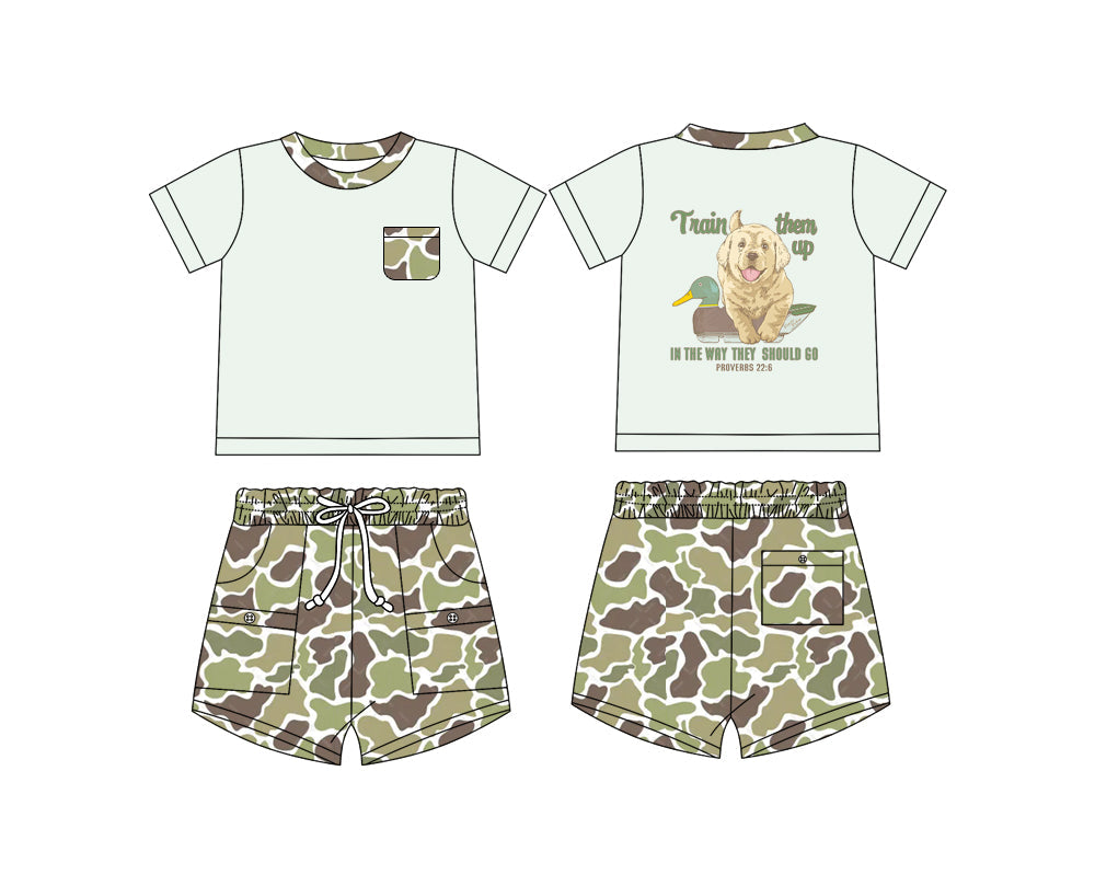 Baby Boy Short Sleeves Dogs Ducks Shirt Pockets Camo Shorts Set ( Moq 5 ) 12.9