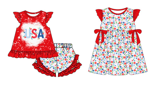 ( Moq 5 Each Style ) Sibling Baby Girls Kids Short Sleeves Flower 4th of July Dress Set Red Clothes