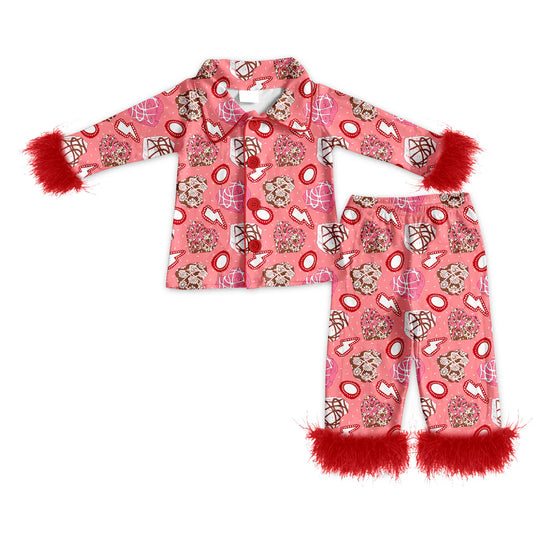 ( Moq 5 ) Baby Girls Fur Long Sleeves Buttons Shirt Hearts Pants Valentines Pajamas Set