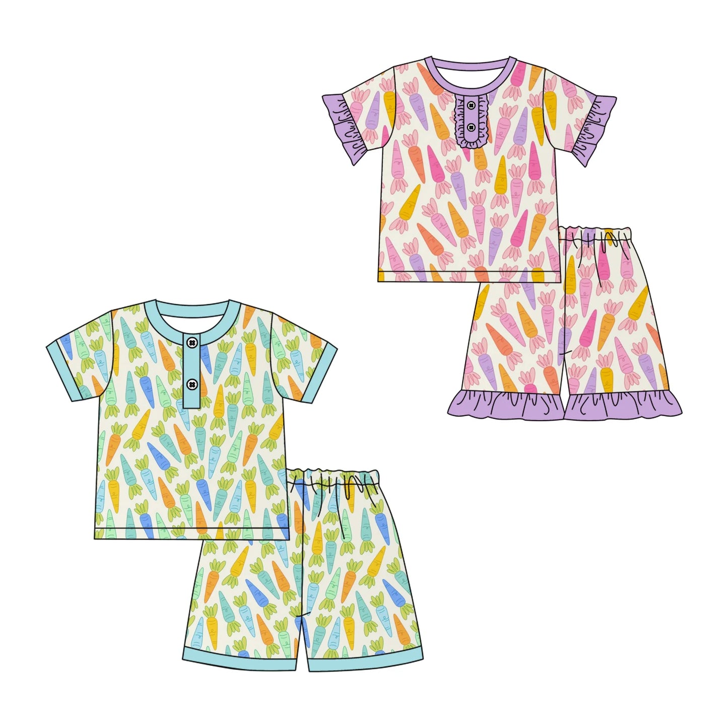 ( Moq 5 Each Style ) Baby Boys Girls Short Sleeves Carrots Shirt Shorts Sibling Easter Pajamas Sets