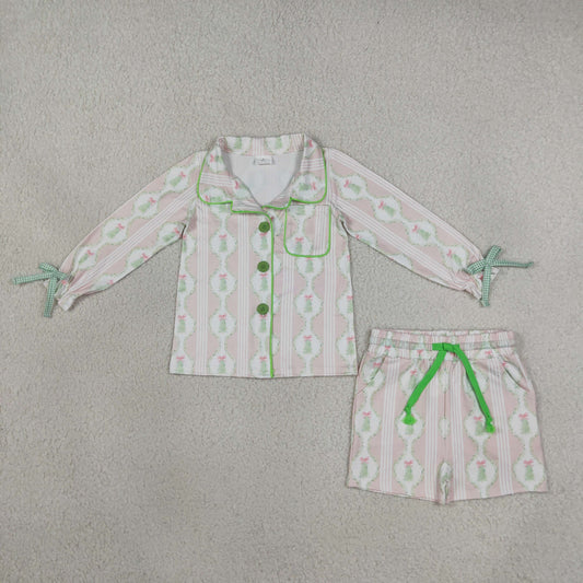 Baby Girls Kids Christmas Tree Bows Buttons Shirt Pockets Shorts Pajamas Set Clothes RTS
