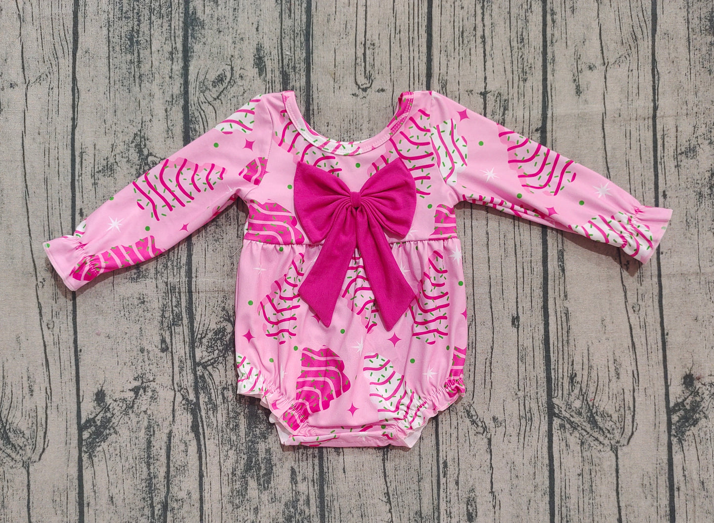 Baby Girl Long Sleeves Cakes Tree Christmas Pink Bow Bubble Romper RTS