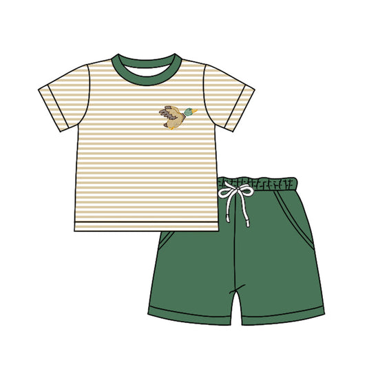 Baby Boy Short Sleeves Duck Stripes Shirt Pockets Shorts Clothes Green Set Moq 5