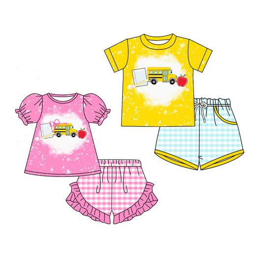 ( Moq 5 Each Style ) Baby Boys Girls Short Sleeves Shirts Plaid Shorts Sibling Back to School Sets