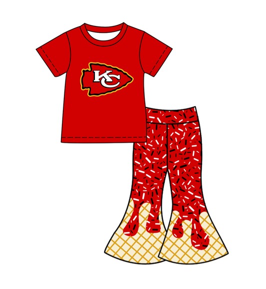 ( Moq 5 ) Baby Girls Red Short Sleeves KC Shirt Drip Sprinkles Bell Pants Team Clothes Set