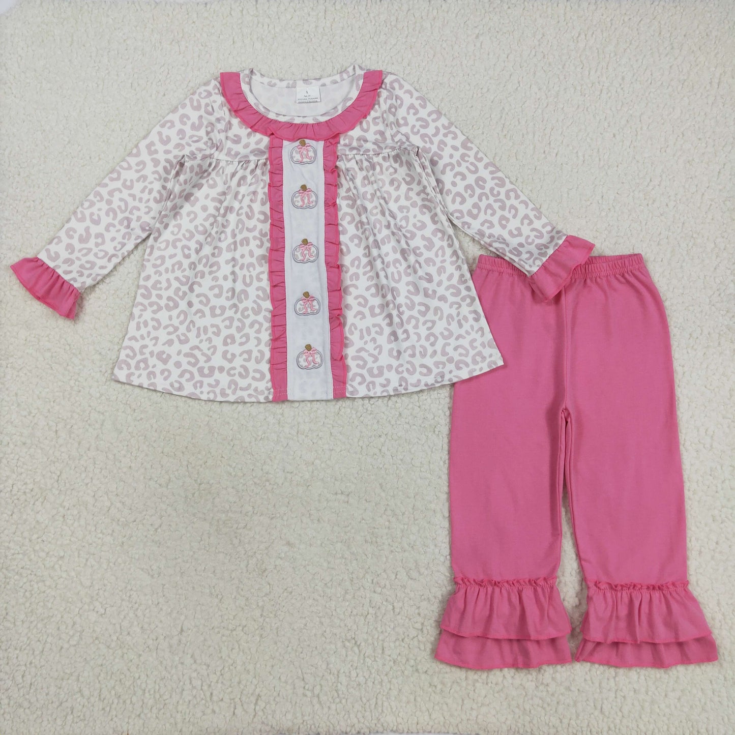 Baby Girl Long Sleeves Leopard Embroidery Pumpkins Bows Tunic Pink Pants Set RTS