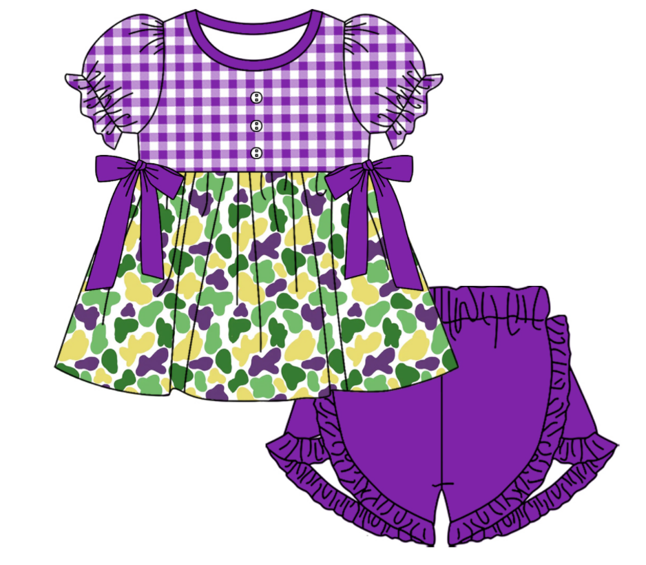 Baby Girl Short Sleeves Mardi Gras Camo Sibling Romper Dress Clothes Set ( Moq 5 Each Design )