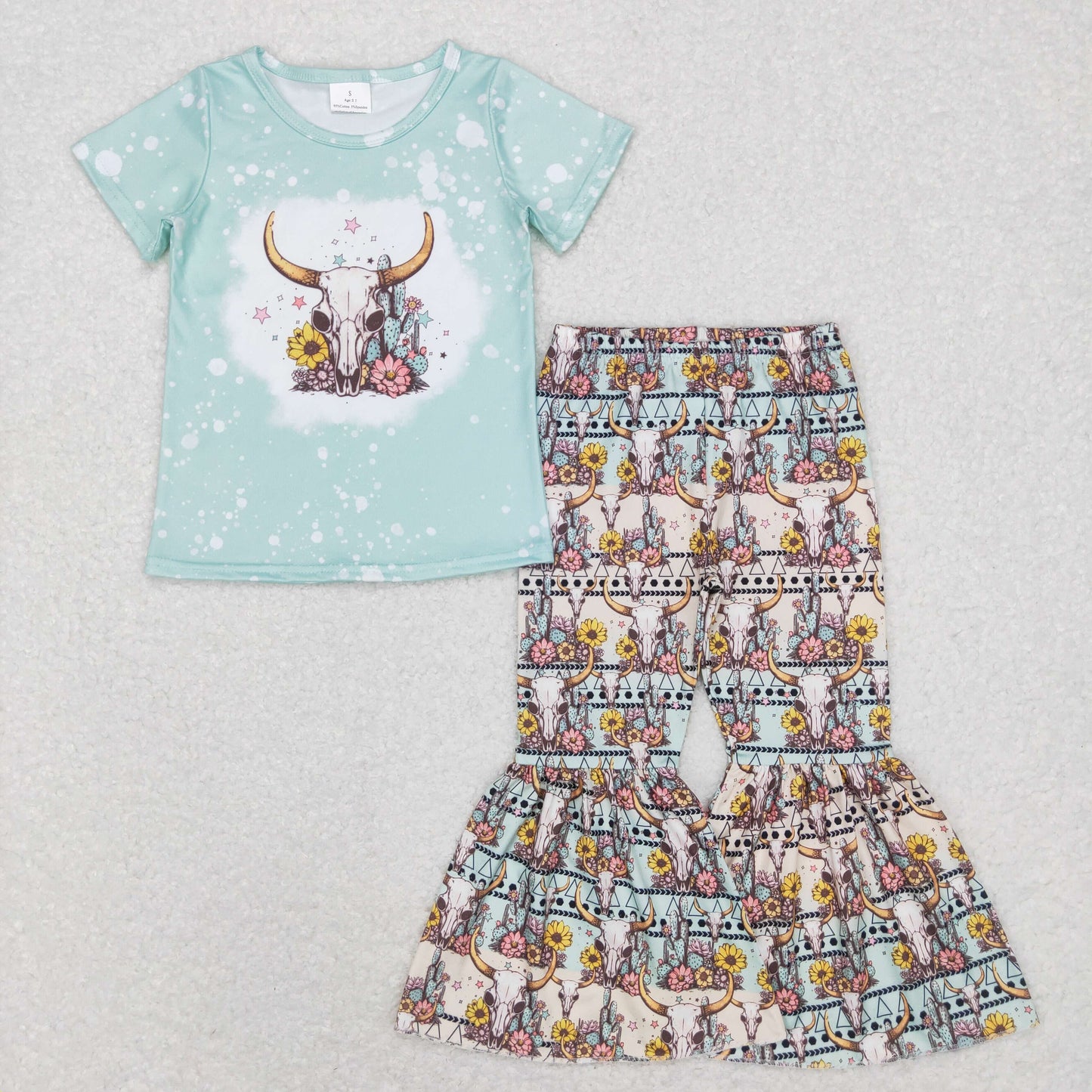 GSPO1090 Baby Girl Western Cow Short Sleeves Shirt Sunflower Bell Pants Set