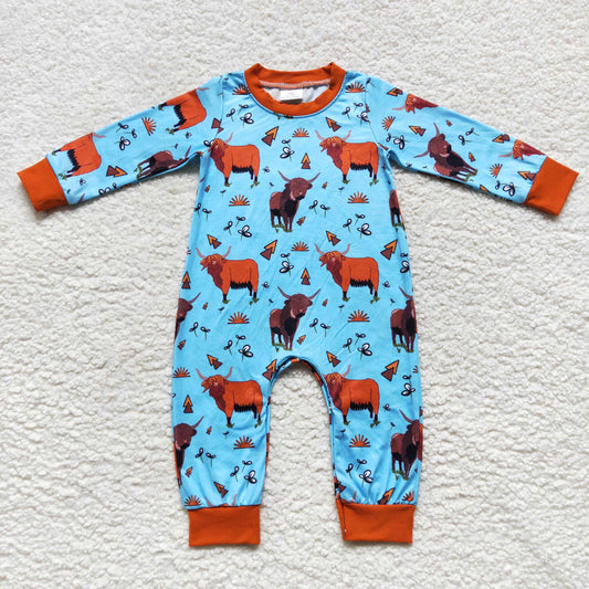 LR0635 Baby Boy Long Sleeves Western Cow One Piece Romper