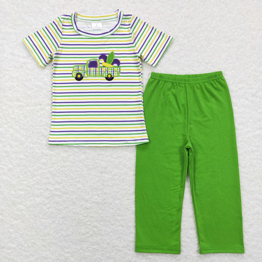BSPO0215 Baby Boy Mardi Gras Embroidery Truck Stripes Shirt Green Pants Set