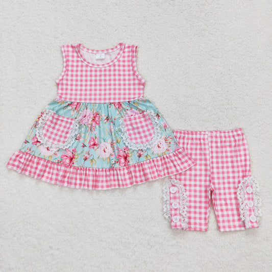 Baby Girl Sleeveless Floral Pocket Tunic Pink Plaid Shorts Summer Set