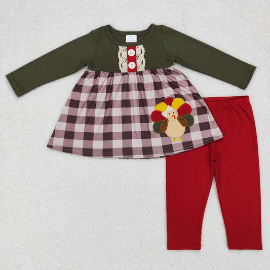 GLP0750 Baby Girl Long Sleeves Embroidery turkey Plaid Tunic Pants Thanksgiving Outfit