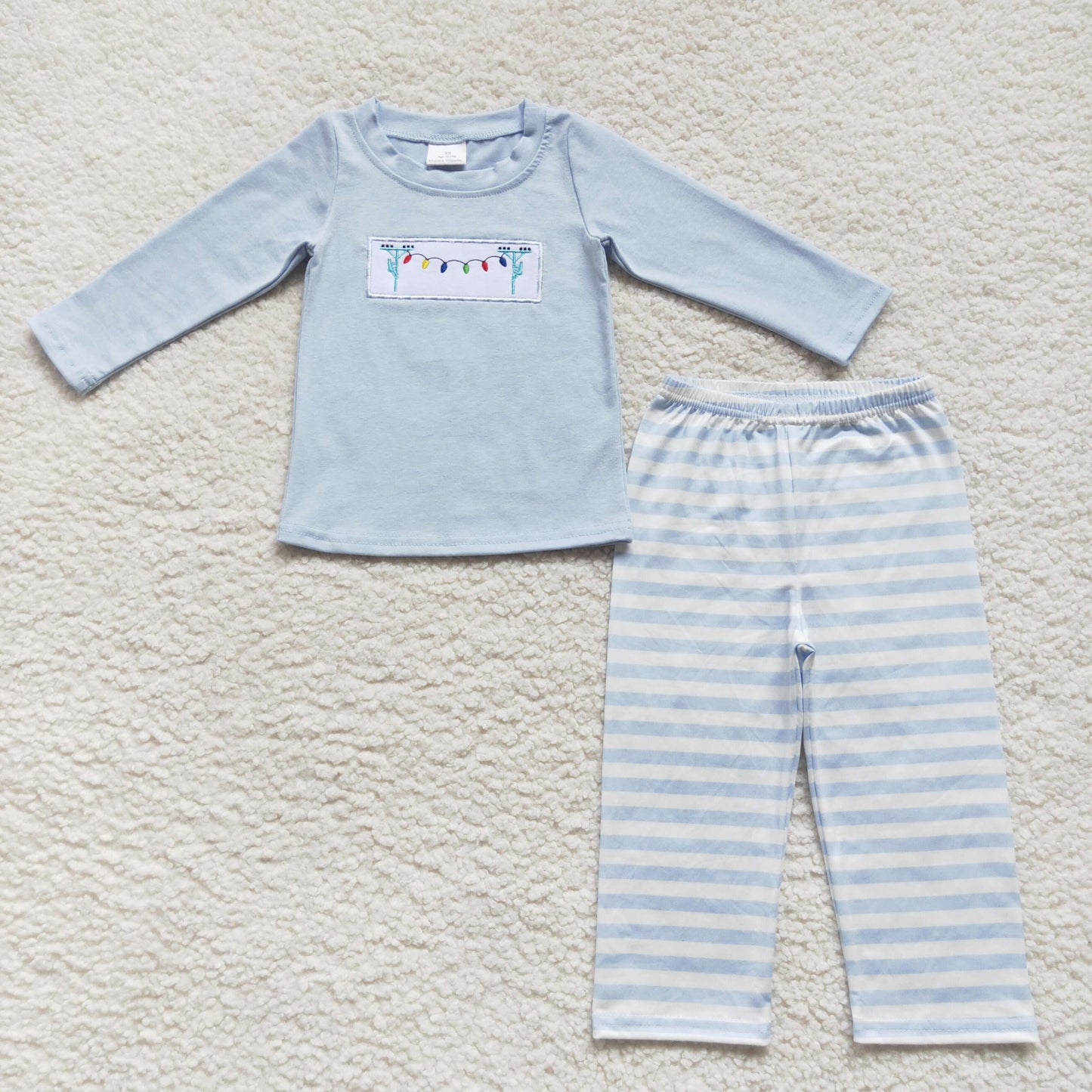 GLP0694 Baby Girl Pink Long Sleeves Embroidery Christmas Light Stripes Pants Pajamas Outfit