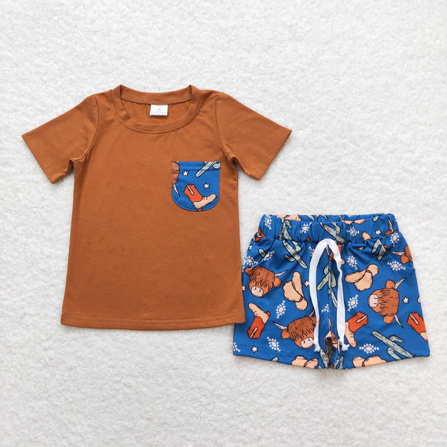 Baby Boy Short Sleeves Shirt Pocket Shorts Western Cow Cactus Set