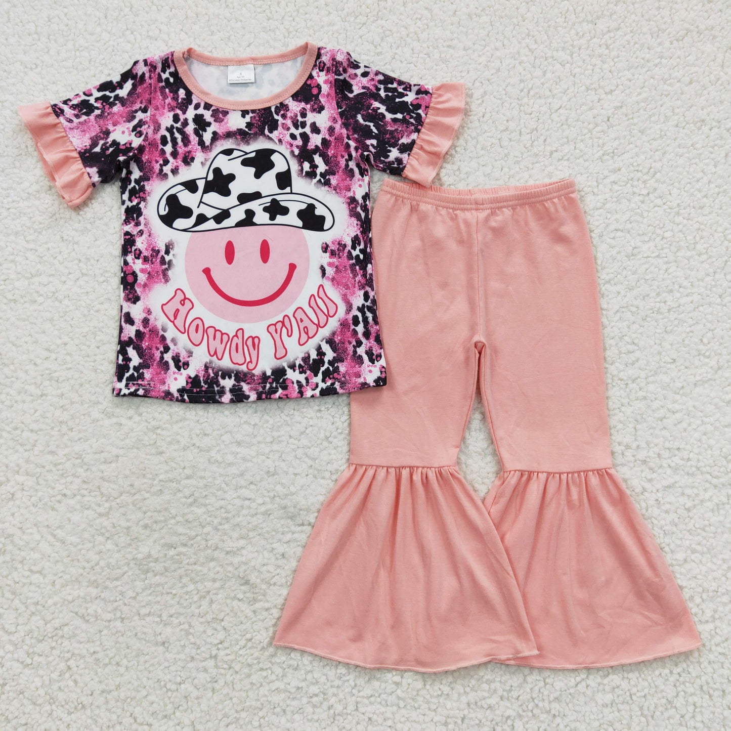 GSPO0701 Baby Girl Howdy Smile Cow Print Shirt Pinkl Bell Pants Western Outfit