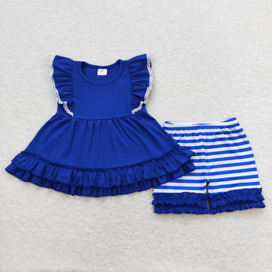 Baby Girl Short Sleeves Cotton Blue Tunic Stripes Shorts Set