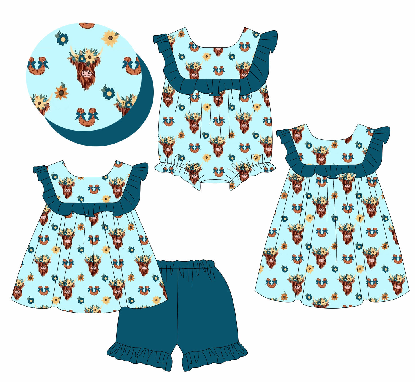 Baby Girl Western Cow Flower Sibling Romper Dress Set ( Moq 5 Each Style ) 2.7