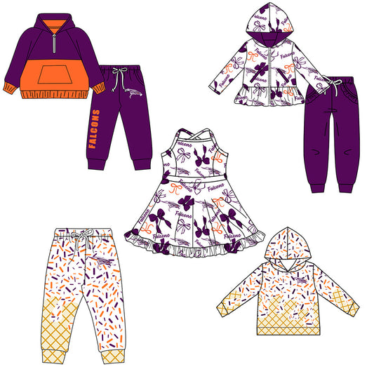 ( Moq 5 each style ) Baby Boy Girl Team Purple Sibling Shirt Bows Cheer Dress Set 8.16