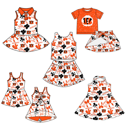 ( Moq 5 each style ) Baby Girl Toddler B Team Orange Bows Sibling Skort Dress Set 6.11