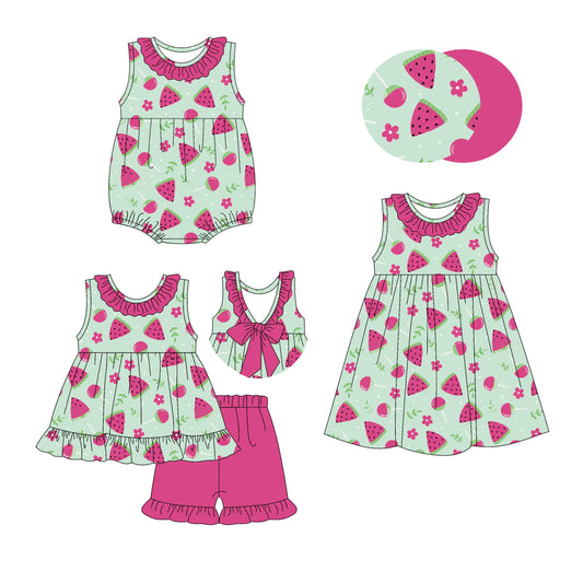 ( Moq 5 Each Style ) Baby Girl Sleeveless Flower Watermelon Sibling Romper Dress Set 4.17