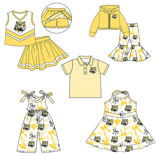 ( Moq 5 each style ) Baby Boy Girl Team Cheer Sibling Shirt Tiger Yellow Bows Jumpsuit Dress Set 7.30