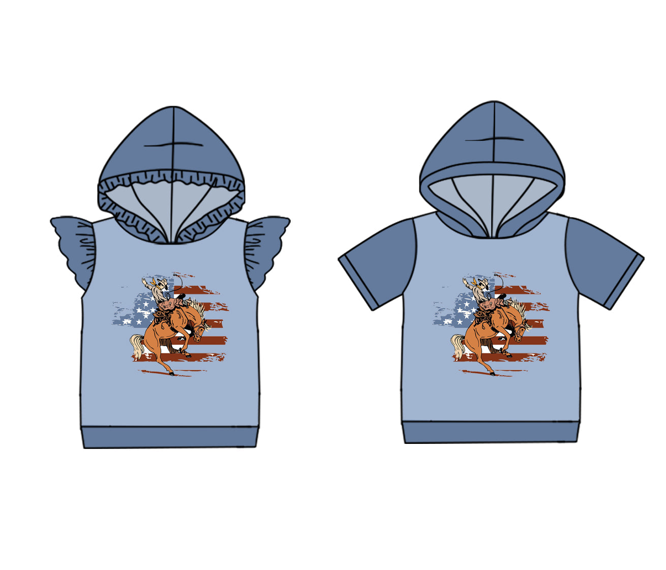 ( Moq 5 Each Style ) Baby Boy Girl Short Sleeves Western Rodeo Flag Sibling Hoodie Shirt 4.23