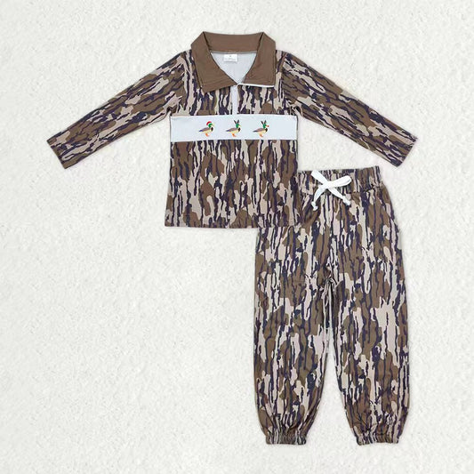 Baby Boys Long Sleeves Embroidery Ducks Christmas Shirt Pockets Jogger Pants Camo Clothes Set