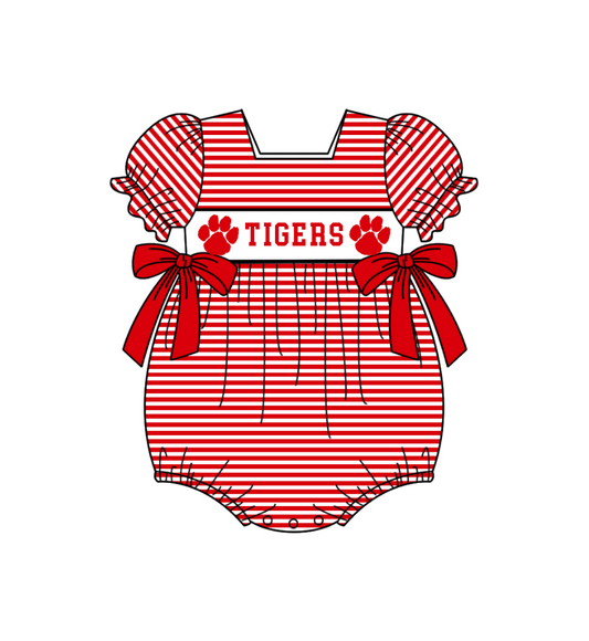 ( Moq 5 ) Baby Girls Kids Short Sleeves Tigers Stripes Bows Team Romper
