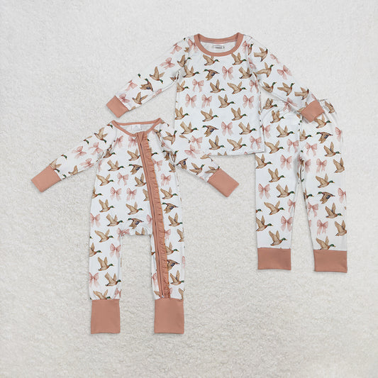 Sibling Baby Girl Long Sleeves Ducks Pink Bows Pajamas Zipper Romper Set RTS