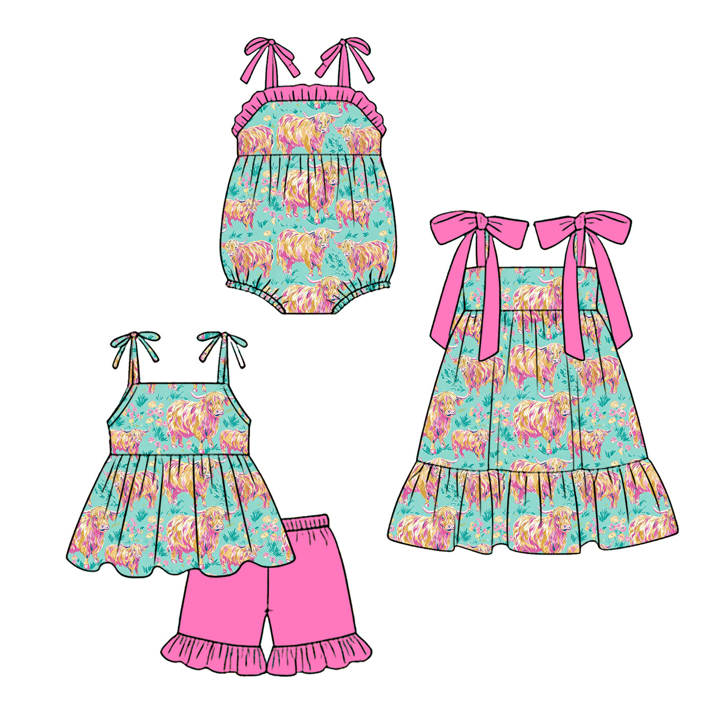 ( Moq 5 Each Style ) Sibling Baby Girls Kids Western Flower Bows Romper Dress Set Clothes