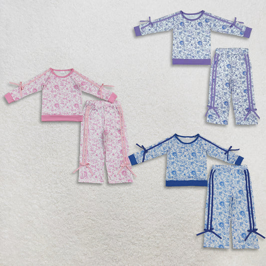 Sibling Baby Girls Kids Bows Long Sleeves Flowers Shirts Bows Pockets Pants Sets Clothes RTS