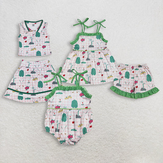 Sibling Baby Girls Kids Sleeveless Golf Plaid Summer Bubble Romper Sets Clothes RTS