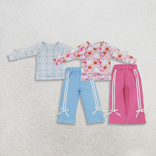 Sibling Baby Girls Kids Ghosts Pumpkins Bows Shirts Pockets Pants Sets Fall Clothes RTS