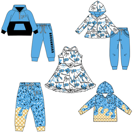 ( Moq 5 each style ) Baby Boy Girl Team Cheer Sibling Shirt Blue Bows Dress Set 8.18