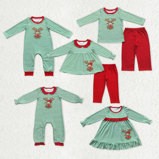 Sibling Baby Boys Girls Kids Christmas Embroidery Deer Green Stripes Romper Dress Sets RTS