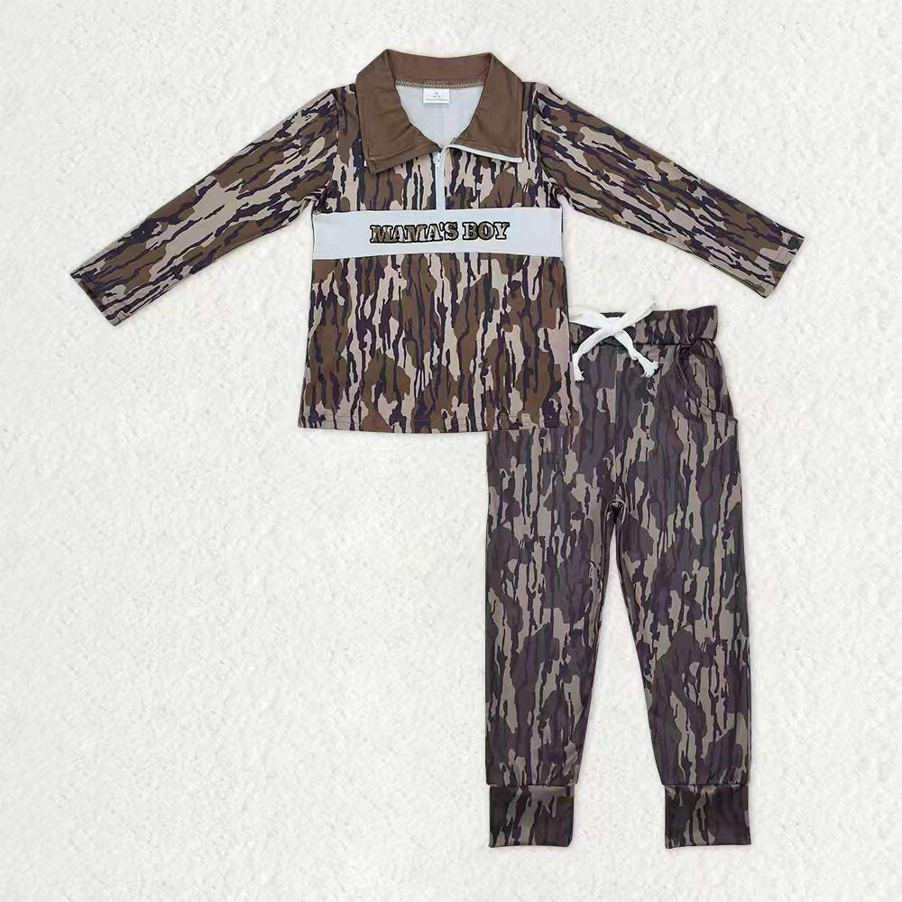 Baby Boys Long Sleeves Embroidery Mama's Boy Shirt Pockets Camo Print Jogger Pants Clothes Set
