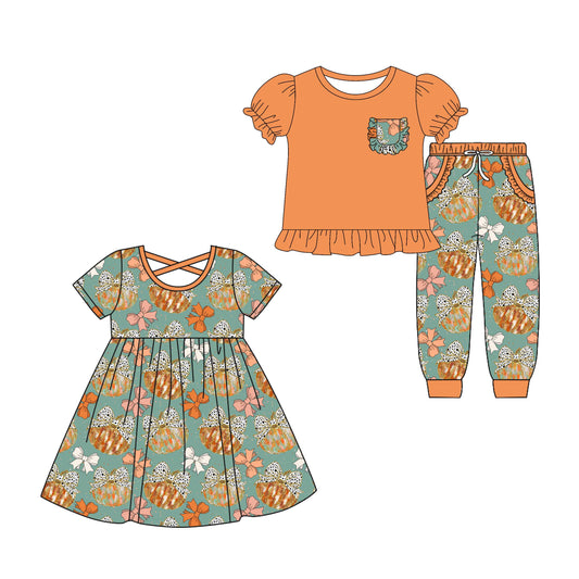 ( Moq 5 Each Style ) Baby Girl Toddler Short Sleeves Pumpkin Bows Sibling Dress Set 4.26
