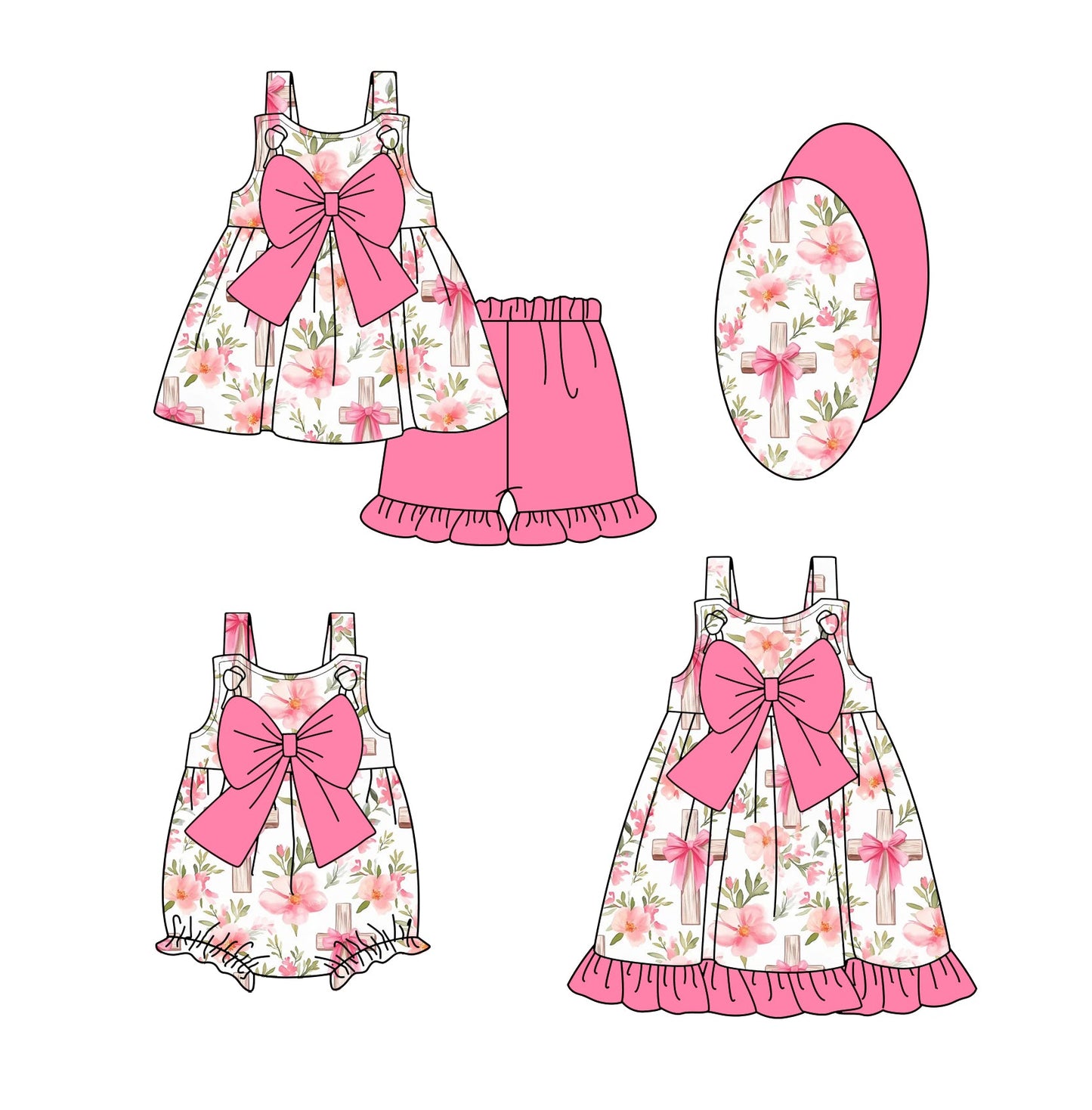 Baby Girl Flower Bows Crosses Sibling Romper Dress Set ( Moq 5 Each Style ) 1.11