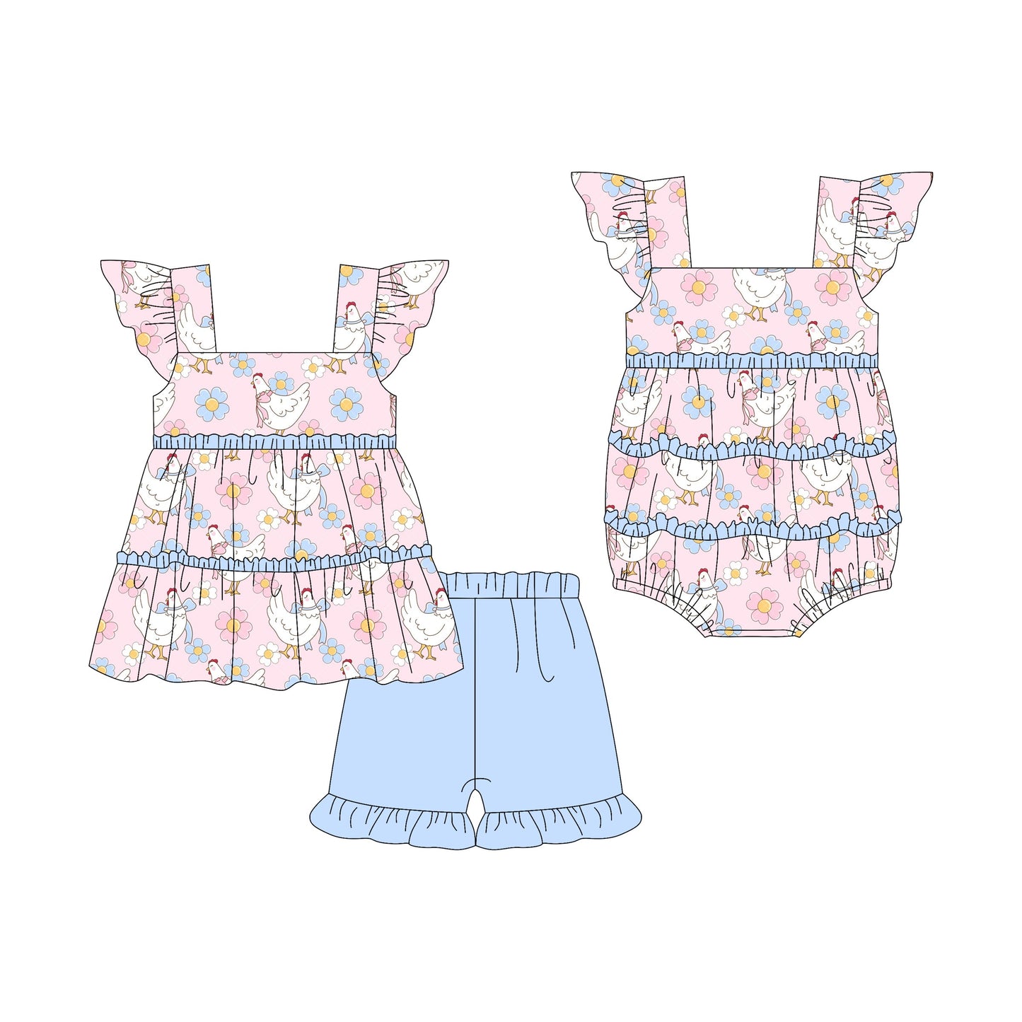 Baby Girl Short Sleeves Chicken Flower Sibling Romper Set ( Moq 5 Each Style ) 3.7