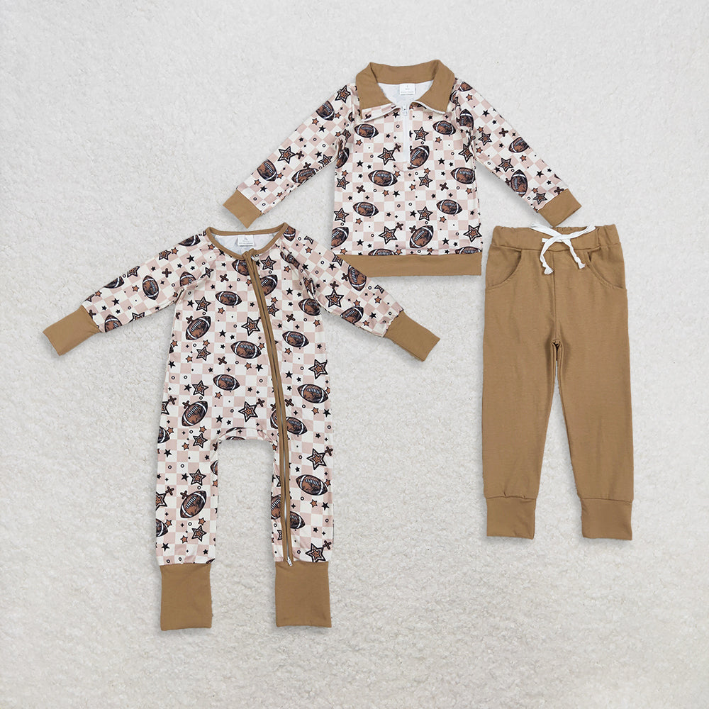Sibling Baby Boys Kids Long Sleeves Football Stars Plaid Zipper Romper Set RTS