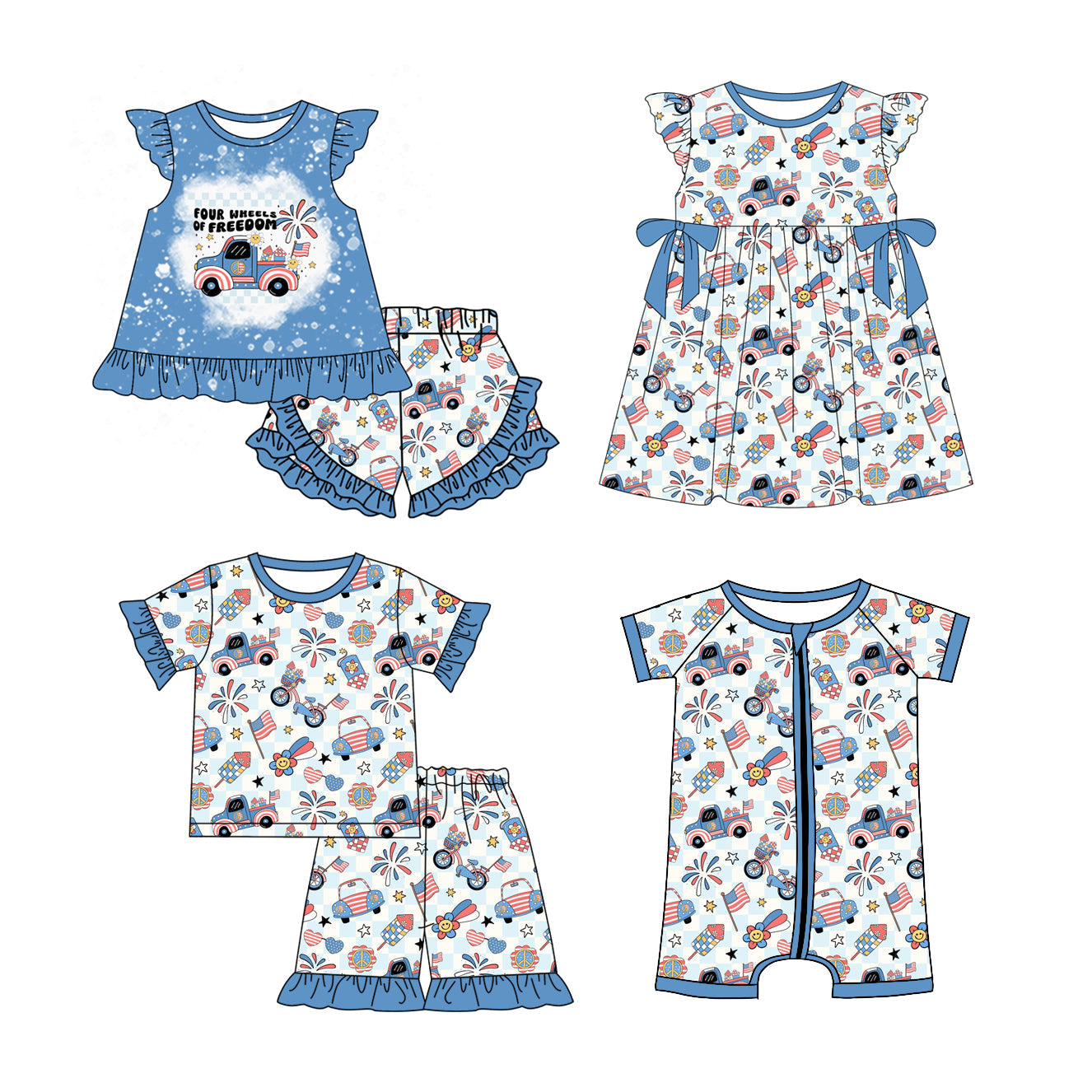 Baby Girl July 4th Car Sibling Dress Romper Set ( Moq 5 Each Style ) 1.6