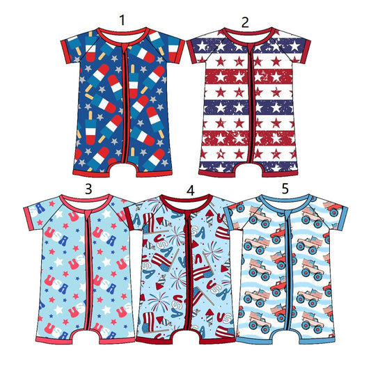( Moq 5 Each Style ) Baby Boys Infant Short Sleeves Stars Flags Zipper Rompers 4th of July Clothes