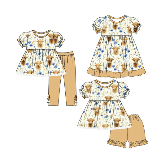 ( Moq 5 Each Style ) Baby Girl Short Sleeves Cow Flower Sibling Romper Dress Set 4.25