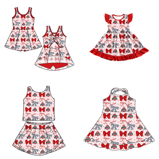 ( Moq 5 each style ) Baby Girl Toddler Team Red Grey Bows Sibling Dress Set 6.27