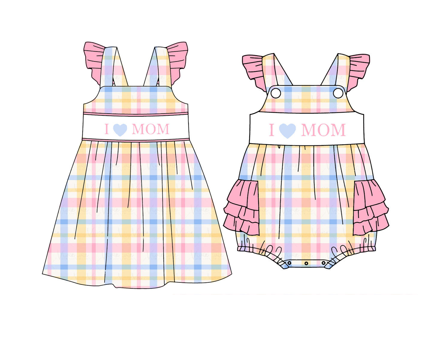 ( Moq 5 Each Style ) Baby Girls Kids I Love Mom Sibling Colorful Plaid Romper Dress