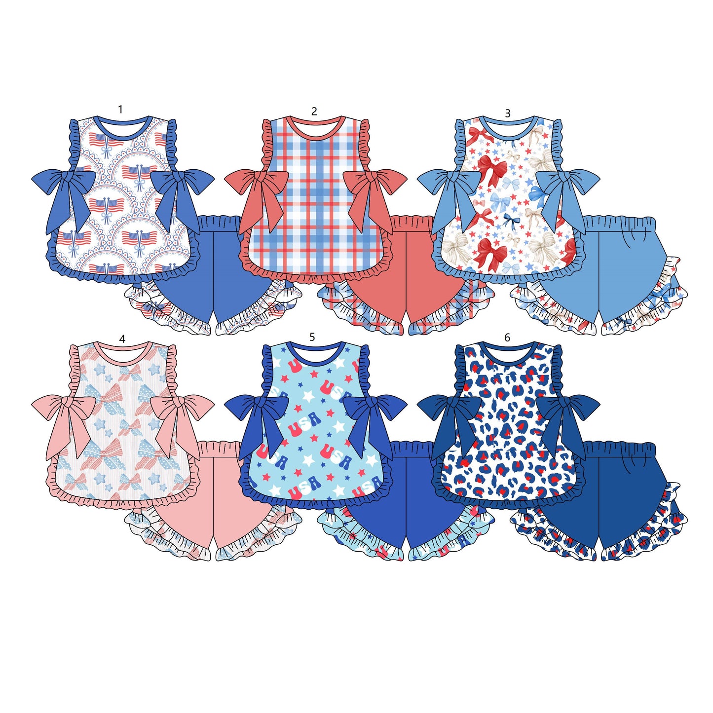 ( Moq 5 Each Style ) Sibling Baby Girls Kids Sleeveless Bows Shirts Shorts 4th of July Sets